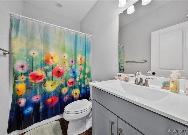 full bath featuring vanity, a shower with curtain, and toilet