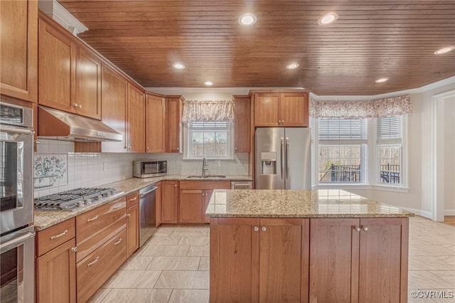 kitchen featuring a sink, a center island, stainless steel appliances, wooden ceiling, and under cabinet range hood