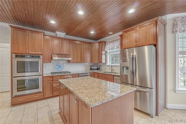 kitchen featuring a sink, wooden ceiling, stainless steel appliances, and under cabinet range hood