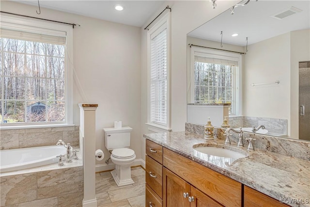 full bath featuring a wealth of natural light, a garden tub, vanity, and visible vents