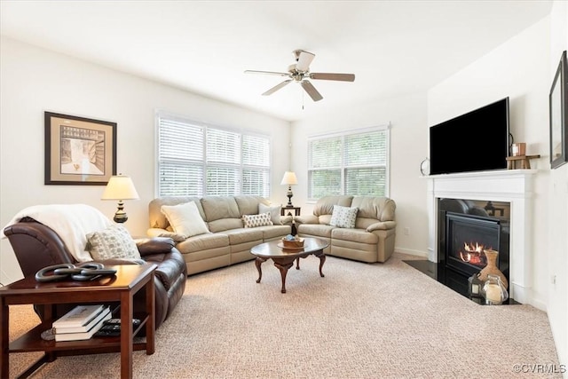 7315 Cornus Ave, Chesterfield, VA 23832 - carpeted living room with a fireplace with flush hearth and ceiling fan