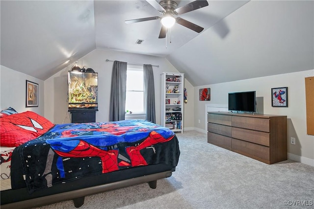 carpeted bedroom with a ceiling fan, visible vents, baseboards, and lofted ceiling