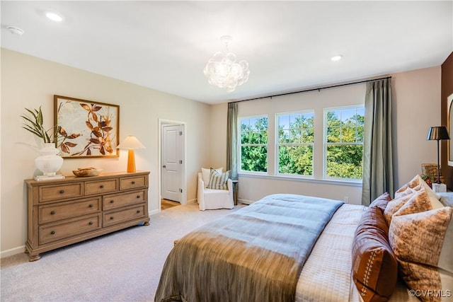 bedroom featuring light colored carpet, baseboards, a chandelier, and recessed lighting