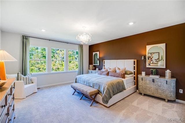 bedroom featuring light colored carpet, recessed lighting, baseboards, and a notable chandelier