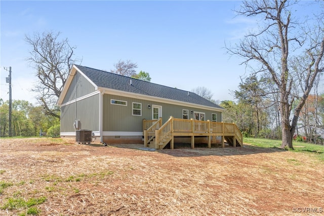 0 Union Church Rd, Palmyra, VA 22963 - rear view of property featuring central air condition unit, crawl space, stairway, a wooden deck, and a shingled roof