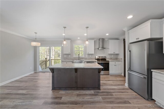 0 Union Church Rd, Palmyra, VA 22963 - kitchen with a sink, stainless steel appliances, wall chimney exhaust hood, white cabinets, and a kitchen island