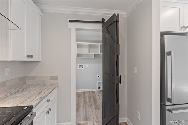 0 Union Church Rd, Palmyra, VA 22963 - interior space featuring stainless steel appliances, white cabinetry, light wood-type flooring, baseboards, and ornamental molding