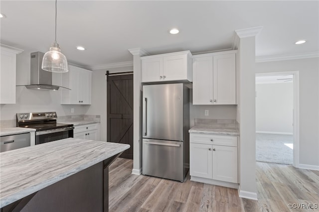 0 Union Church Rd, Palmyra, VA 22963 - kitchen featuring stainless steel appliances, wall chimney range hood, ornamental molding, a barn door, and white cabinets