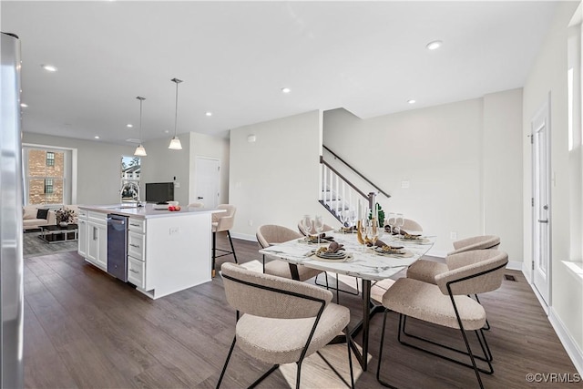 1255 Lazy River Rd, Chesterfield, VA 23114 - dining room featuring dark wood-style flooring, stairs, baseboards, and recessed lighting