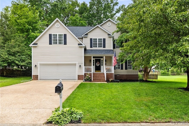 traditional home with covered porch, driveway, a garage, a front yard, and roof with shingles