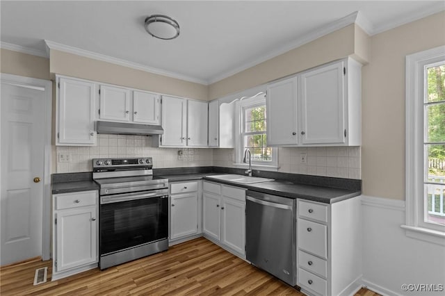 kitchen featuring stainless steel appliances, a sink, dark countertops, under cabinet range hood, and ornamental molding