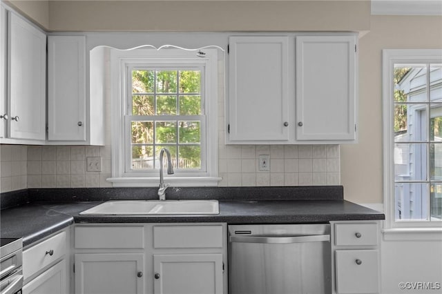 kitchen featuring dishwasher, a sink, white cabinets, and dark countertops