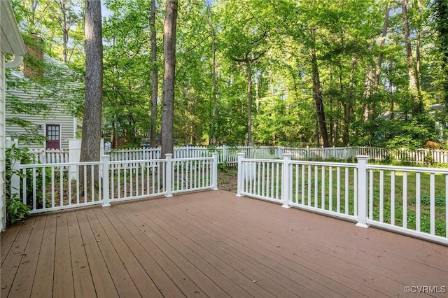 wooden terrace with a fenced backyard