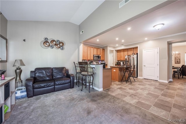 living room with recessed lighting, lofted ceiling, baseboards, and light colored carpet