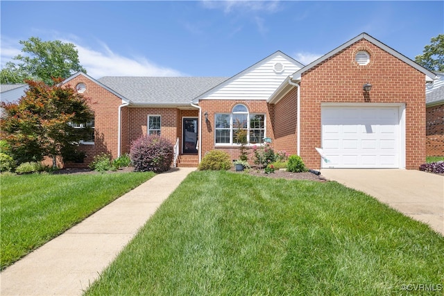 4916 Breckstone Pl, North Chesterfield, VA 23234 - view of front facade with an attached garage, a front lawn, brick siding, and concrete driveway