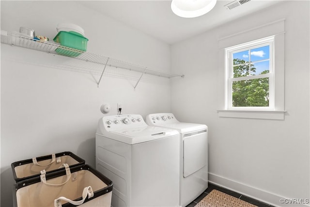 3307 Colston Ct, Powhatan, VA 23139 - laundry area with laundry area, visible vents, separate washer and dryer, tile patterned flooring, and baseboards