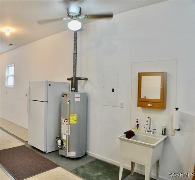utilities with electric panel, gas water heater, and a sink