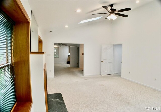 unfurnished room featuring a ceiling fan, baseboards, recessed lighting, and light colored carpet