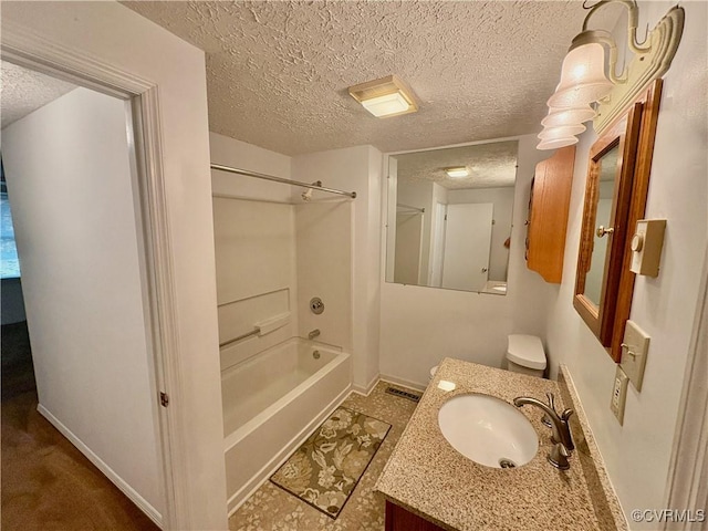 full bathroom with baseboards, a textured ceiling, vanity, and shower / bathtub combination