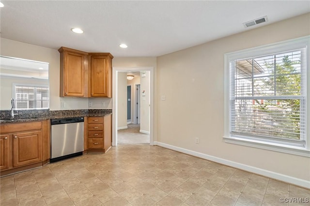 5529 Frog Pond Ln, Virginia Beach, VA 23455 - kitchen with stainless steel dishwasher, brown cabinets, visible vents, and a sink
