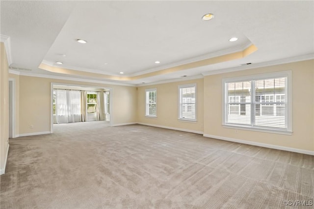 5529 Frog Pond Ln, Virginia Beach, VA 23455 - unfurnished living room with a raised ceiling, crown molding, and light colored carpet
