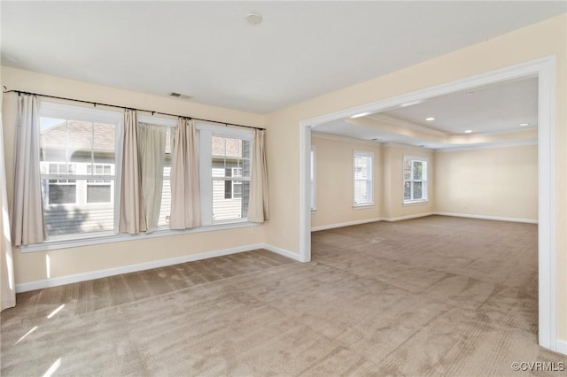 5529 Frog Pond Ln, Virginia Beach, VA 23455 - carpeted spare room with baseboards, ornamental molding, a tray ceiling, and visible vents