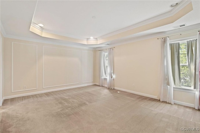 5529 Frog Pond Ln, Virginia Beach, VA 23455 - unfurnished room with a tray ceiling, light colored carpet, ornamental molding, and visible vents