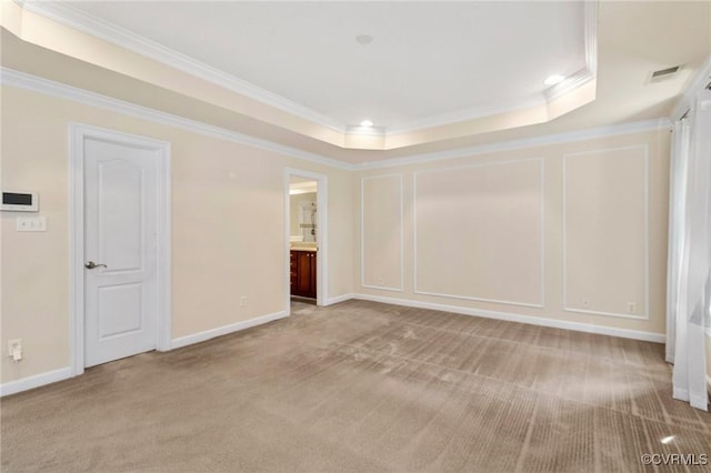 5529 Frog Pond Ln, Virginia Beach, VA 23455 - interior space with carpet flooring, a tray ceiling, crown molding, visible vents, and baseboards