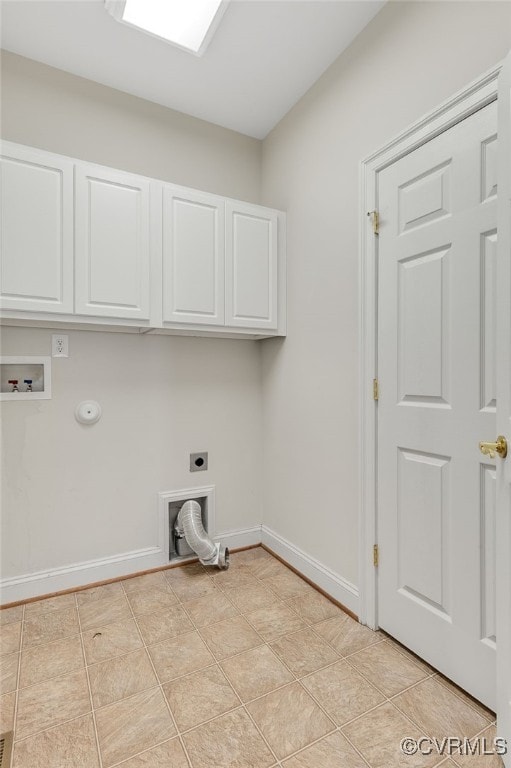 laundry area with cabinet space, electric dryer hookup, hookup for a washing machine, and baseboards