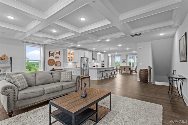6 Flatwater Row Unit B, Henrico, VA 23231 - living area featuring dark wood-type flooring, recessed lighting, beam ceiling, and coffered ceiling