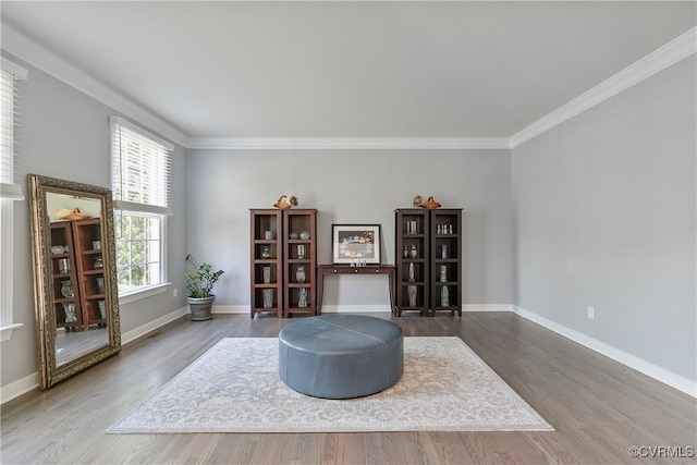 living area featuring ornamental molding, baseboards, and wood finished floors