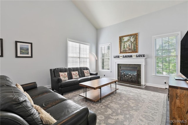 living area with wood finished floors, a high end fireplace, baseboards, and high vaulted ceiling