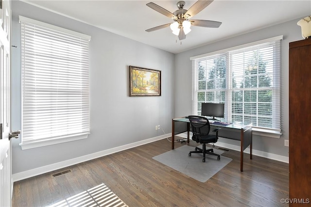 office area featuring baseboards, a ceiling fan, and wood finished floors