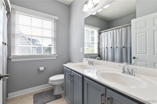 bathroom featuring toilet, baseboards, tile patterned flooring, double vanity, and a shower with curtain