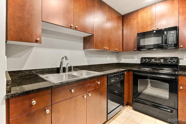 251 Rocketts Way Unit 204, Henrico, VA 23231 - kitchen featuring black appliances, a sink, light tile patterned floors, and dark stone countertops