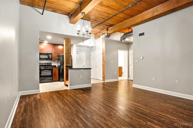 251 Rocketts Way Unit 204, Henrico, VA 23231 - unfurnished living room featuring wooden ceiling, a chandelier, beamed ceiling, light wood-style flooring, and baseboards