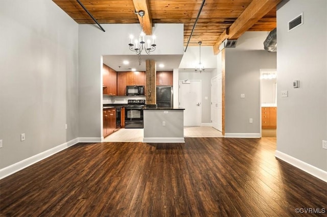251 Rocketts Way Unit 204, Henrico, VA 23231 - kitchen with black appliances, a chandelier, wood ceiling, dark countertops, and light wood-type flooring