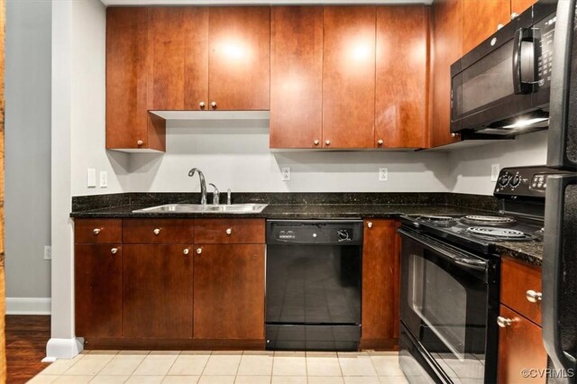 251 Rocketts Way Unit 204, Henrico, VA 23231 - kitchen featuring black appliances, a sink, dark stone countertops, baseboards, and light tile patterned floors