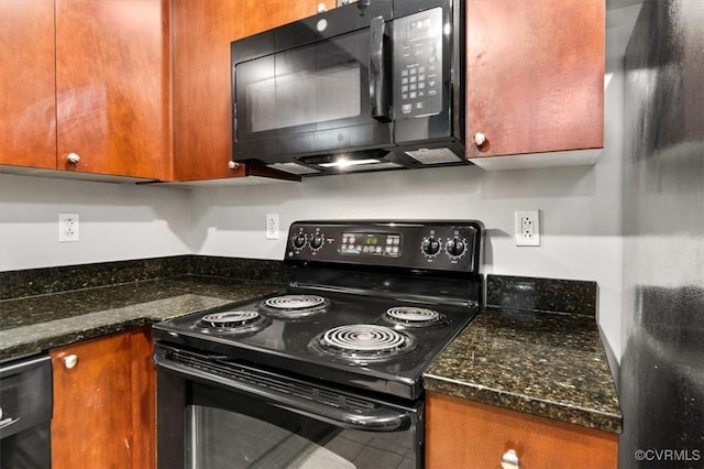 251 Rocketts Way Unit 204, Henrico, VA 23231 - kitchen with black appliances, brown cabinetry, dark stone counters, and tile patterned floors