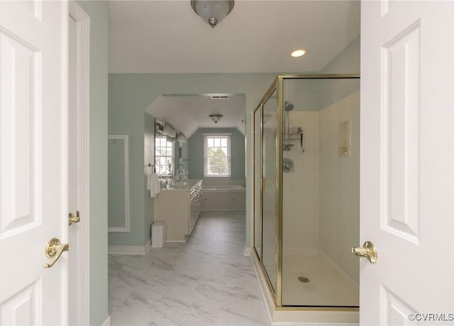 full bath featuring a stall shower, a bath, marble finish floor, lofted ceiling, and recessed lighting