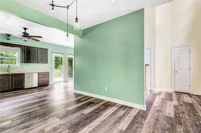 251 Ivy Glen Ln, Bumpass, VA 23024 - interior space with a towering ceiling, baseboards, a ceiling fan, and wood finished floors