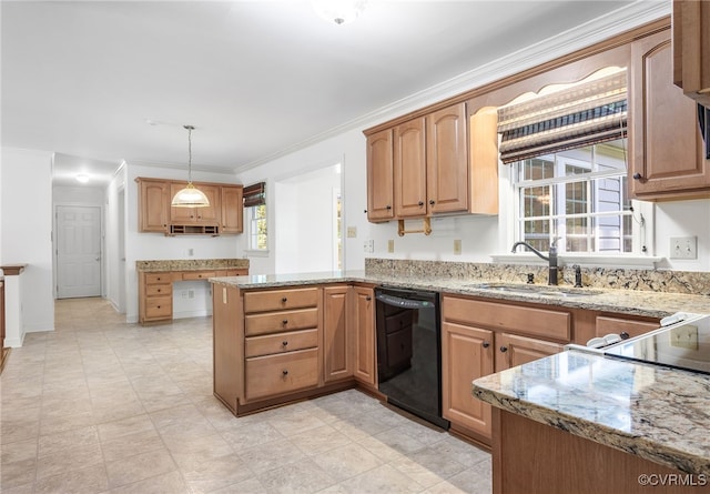 kitchen with dishwasher, a sink, light stone counters, a peninsula, and crown molding