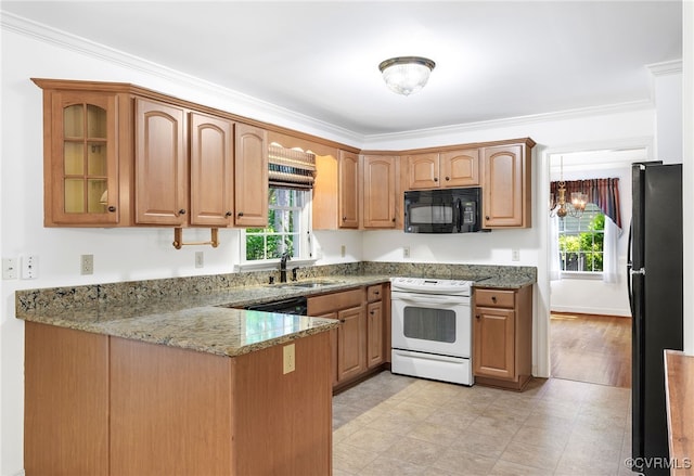 kitchen featuring black appliances, a sink, stone countertops, a peninsula, and glass insert cabinets