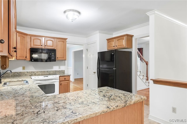kitchen with black appliances, a sink, light stone countertops, a peninsula, and ornamental molding