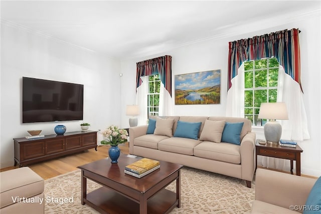 living area with ornamental molding and light wood-type flooring