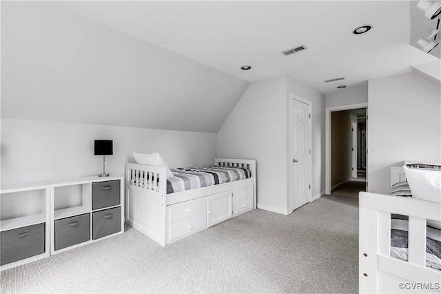 bedroom featuring lofted ceiling, recessed lighting, baseboards, carpet flooring, and visible vents