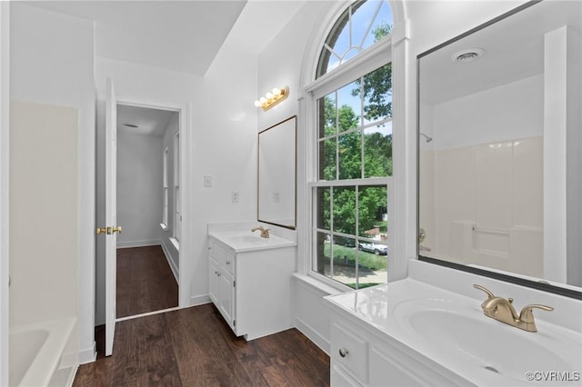 full bathroom with two vanities, visible vents, a sink, and wood finished floors