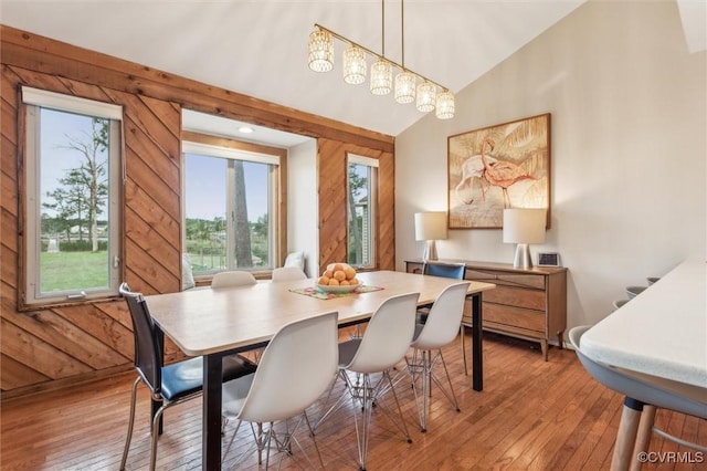 dining room with vaulted ceiling, hardwood / wood-style flooring, and a wealth of natural light