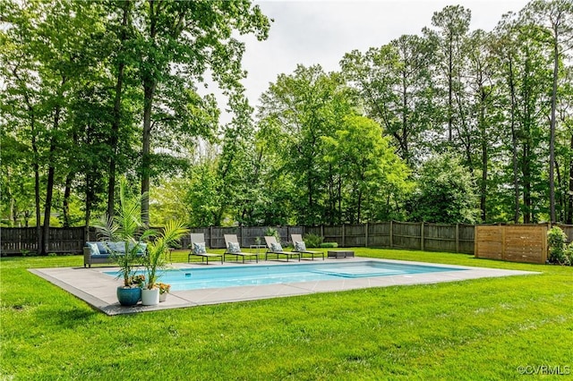 view of swimming pool with a fenced backyard, a patio area, a fenced in pool, and a yard