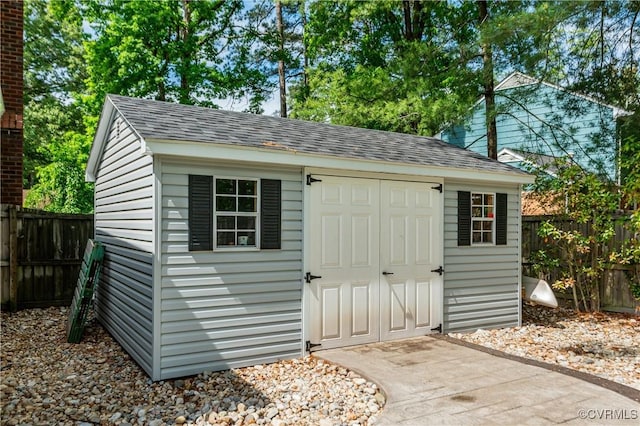 view of shed featuring a fenced backyard
